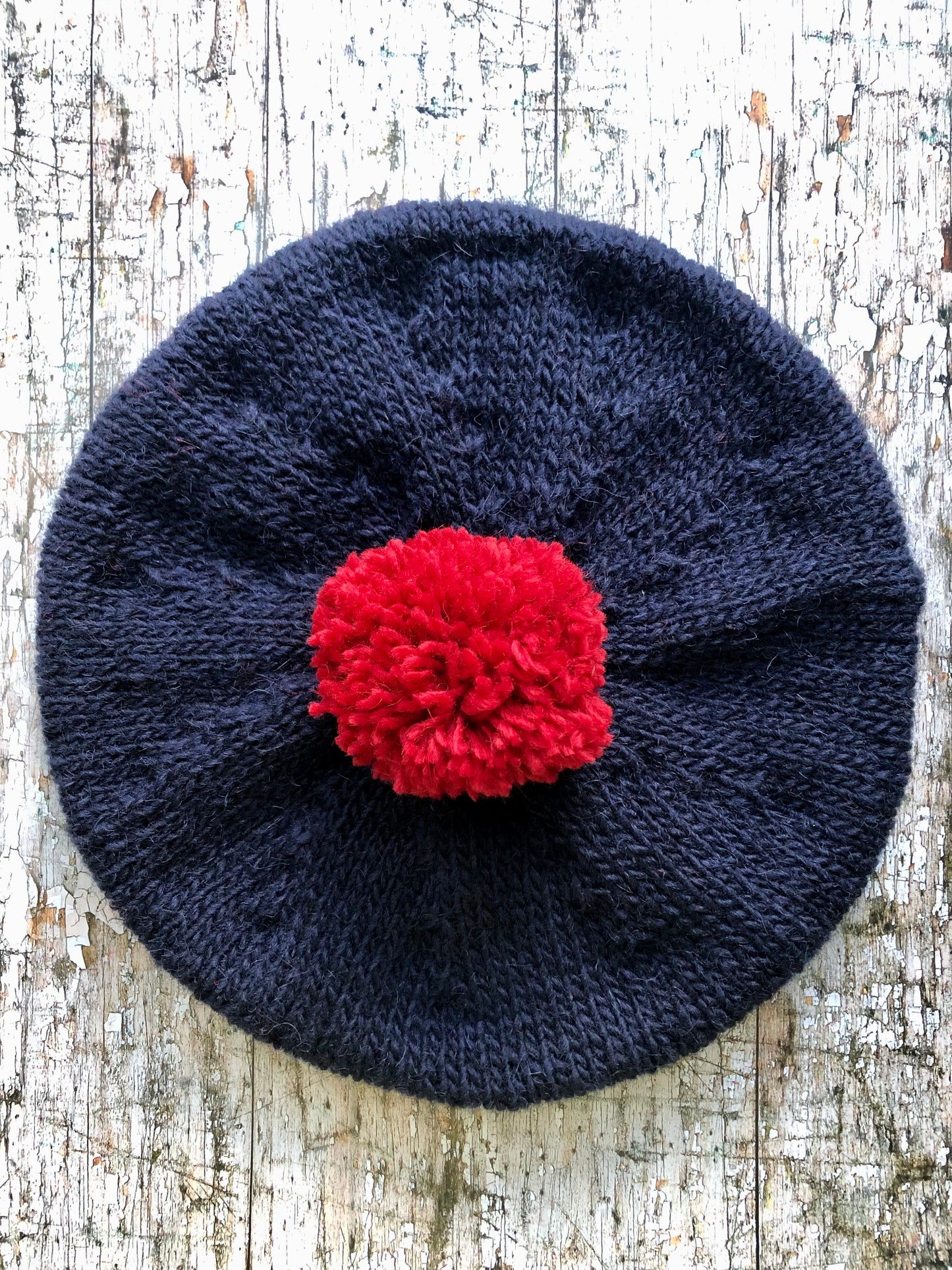 Beret hand Knitted In Navy + Red Wool