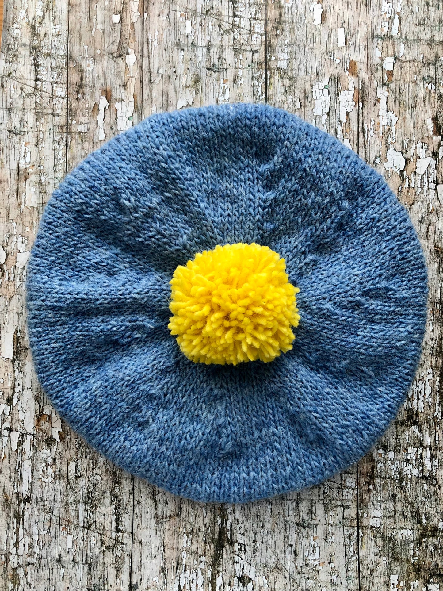 Beret Hand Knitted In Blue + Lemon Wool
