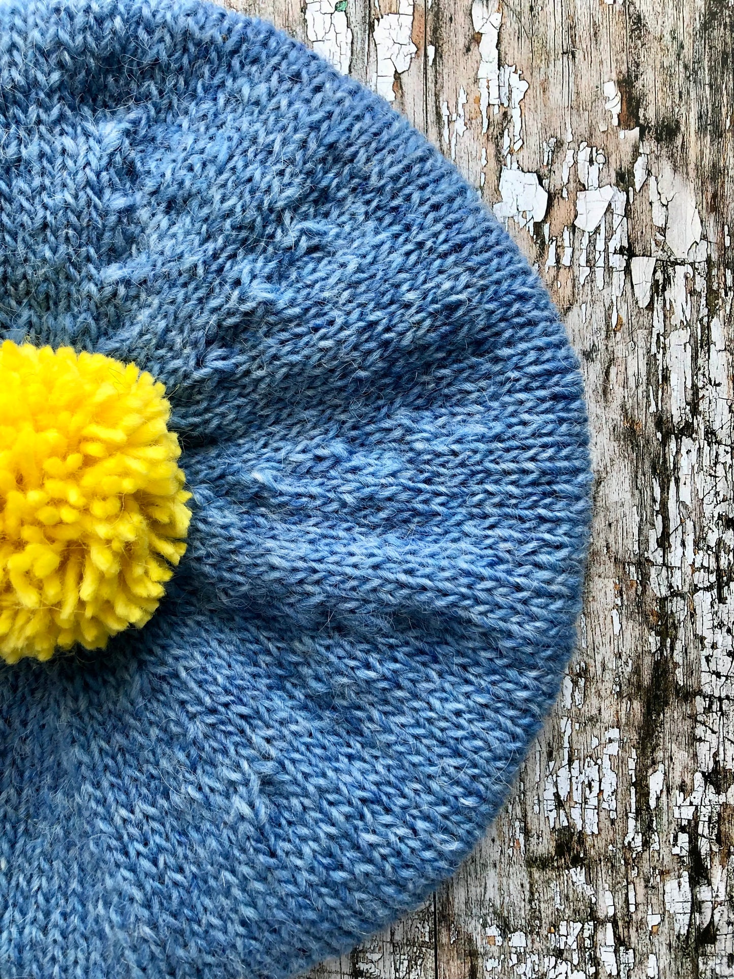 Beret Hand Knitted In Blue + Lemon Wool