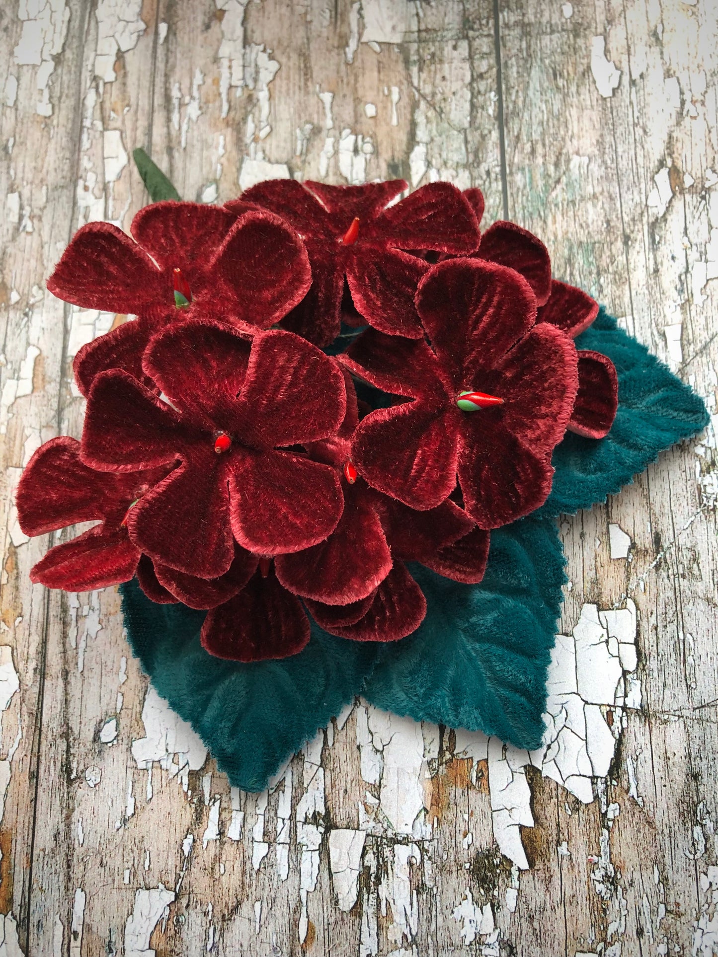 40's Style Vintage Velvet Flower Brooch Wine + Blue Leaves