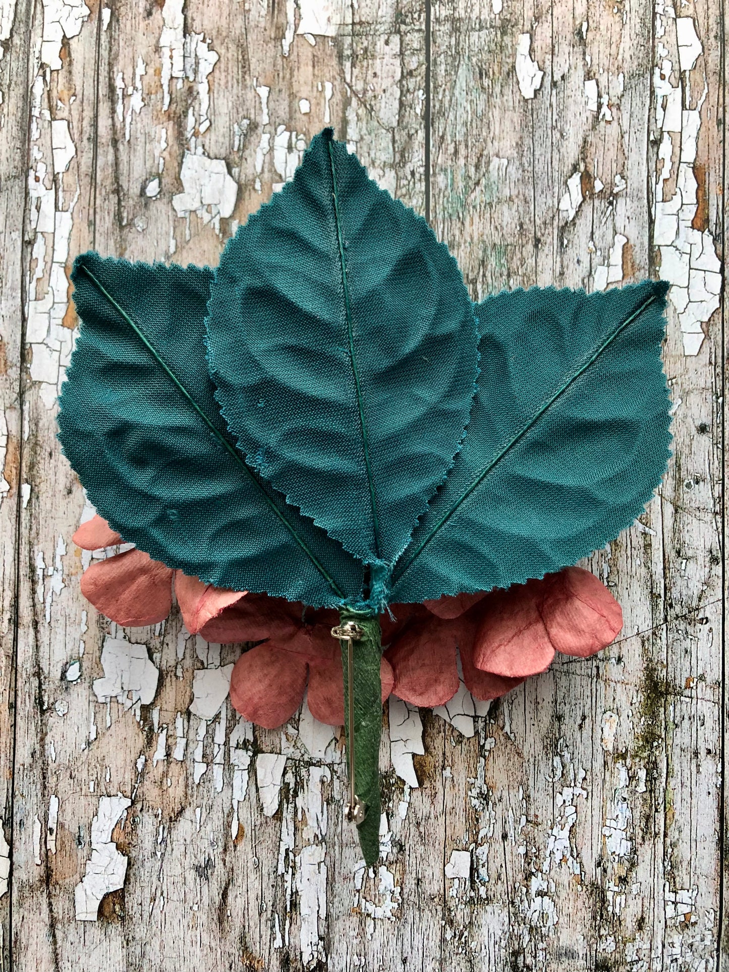 40's Style Vintage Velvet Flower Brooch Wine + Blue Leaves