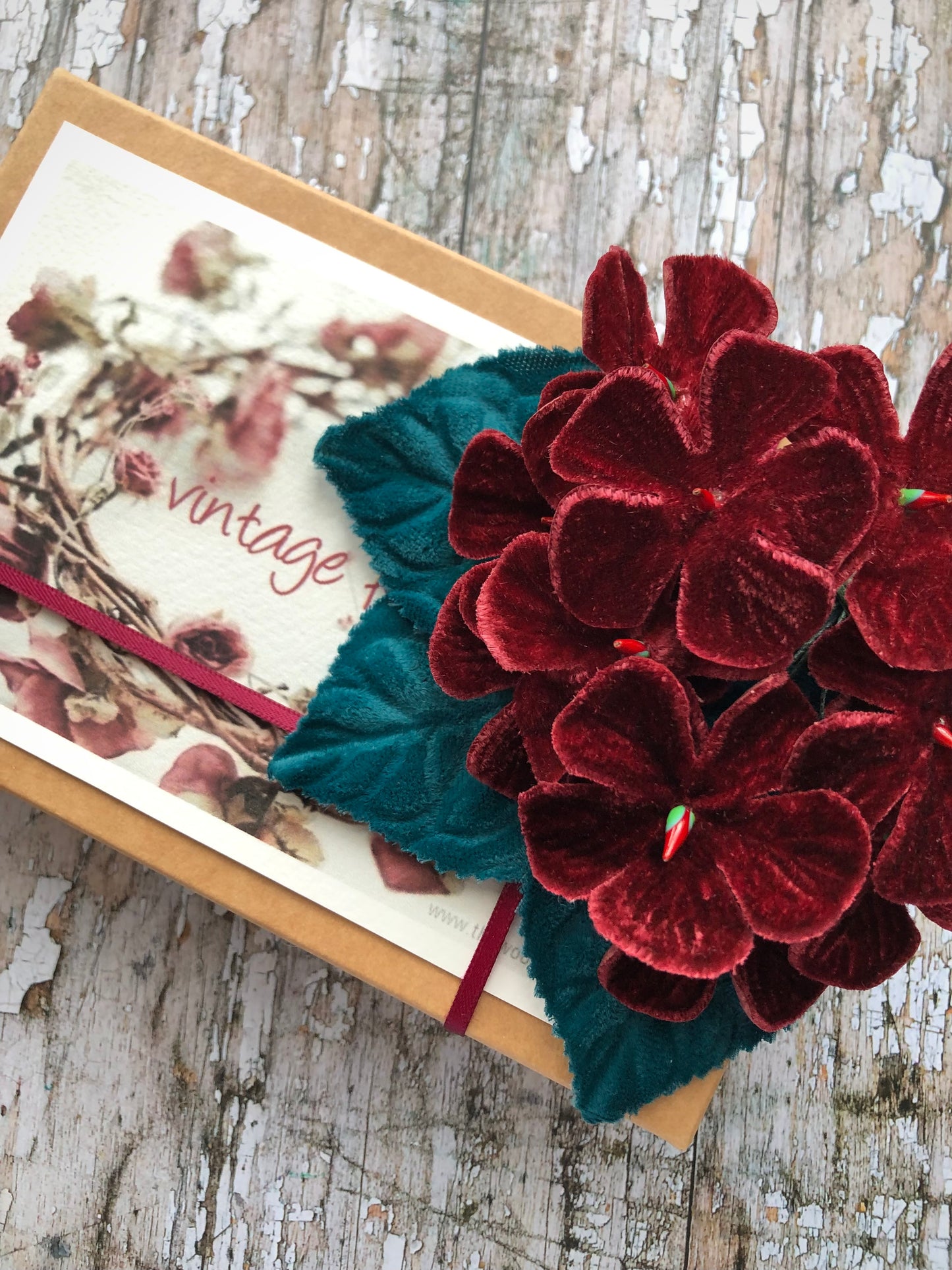 40's Style Vintage Velvet Flower Brooch Wine + Blue Leaves
