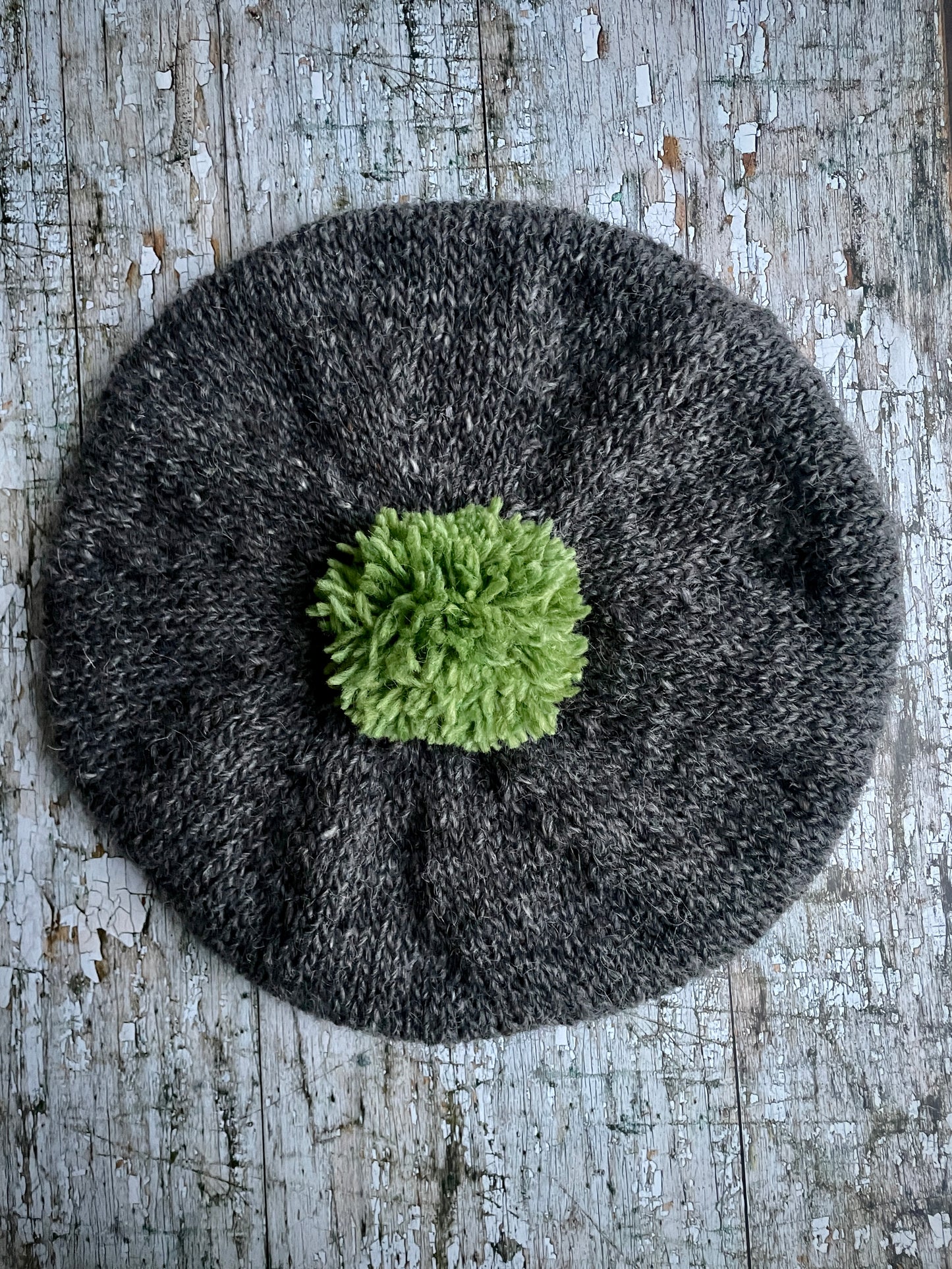Beret Hand Knitted In Grey Tweed + Green Wool