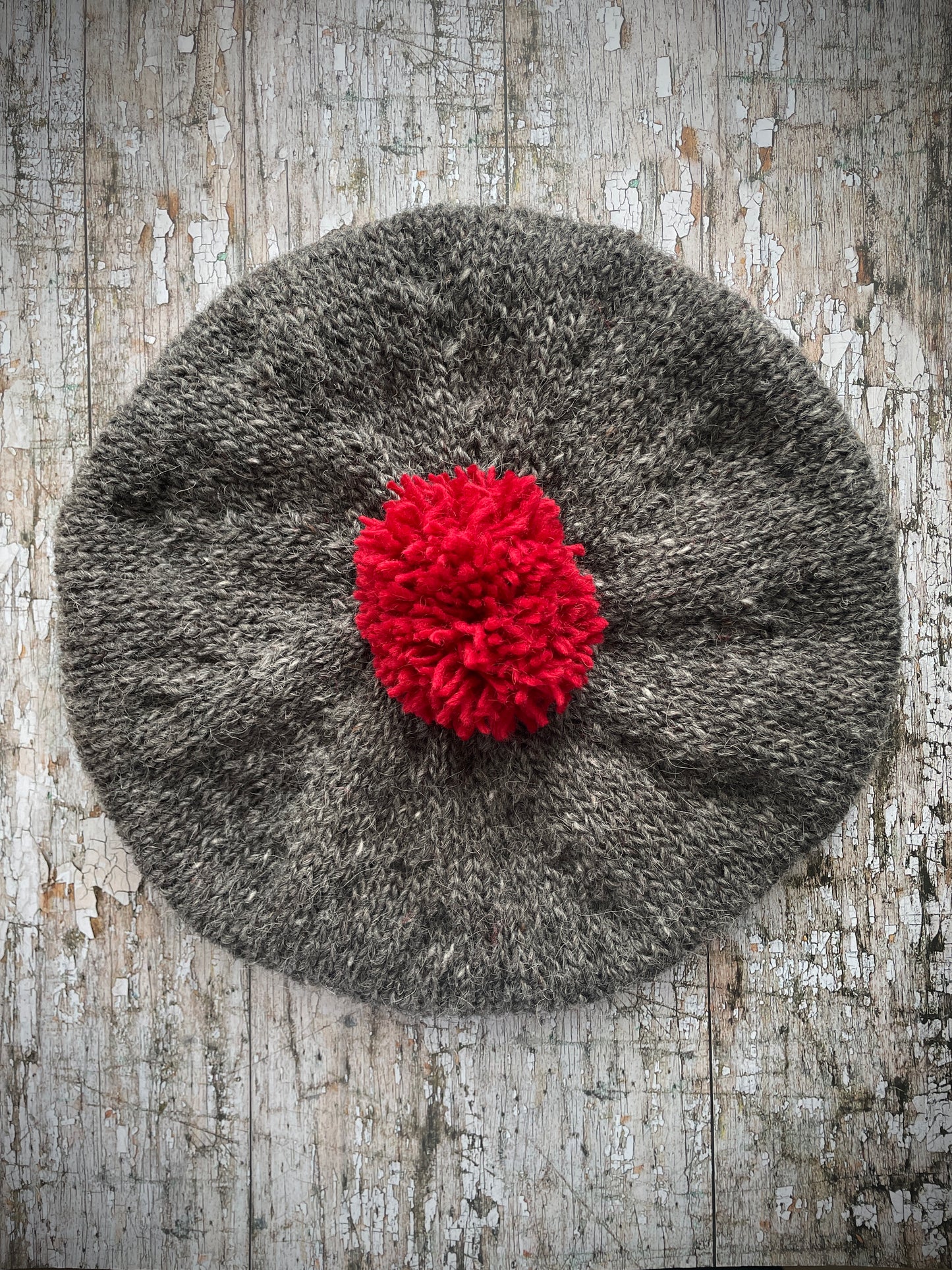 Beret Hand Knitted In Grey Heather + Red Wool