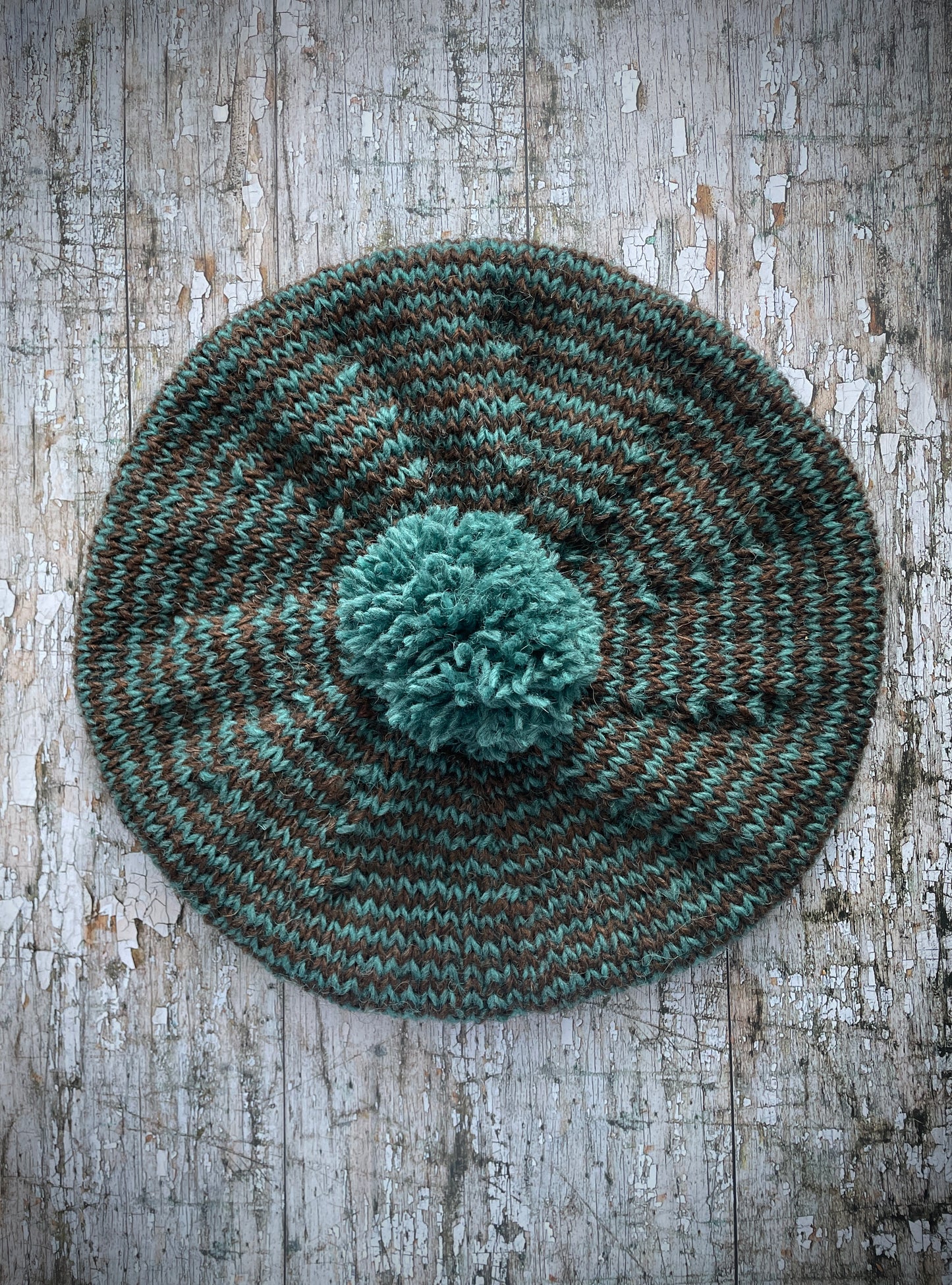 Striped Beret Hand Knitted In Dark Chocolate + Viridian Wool