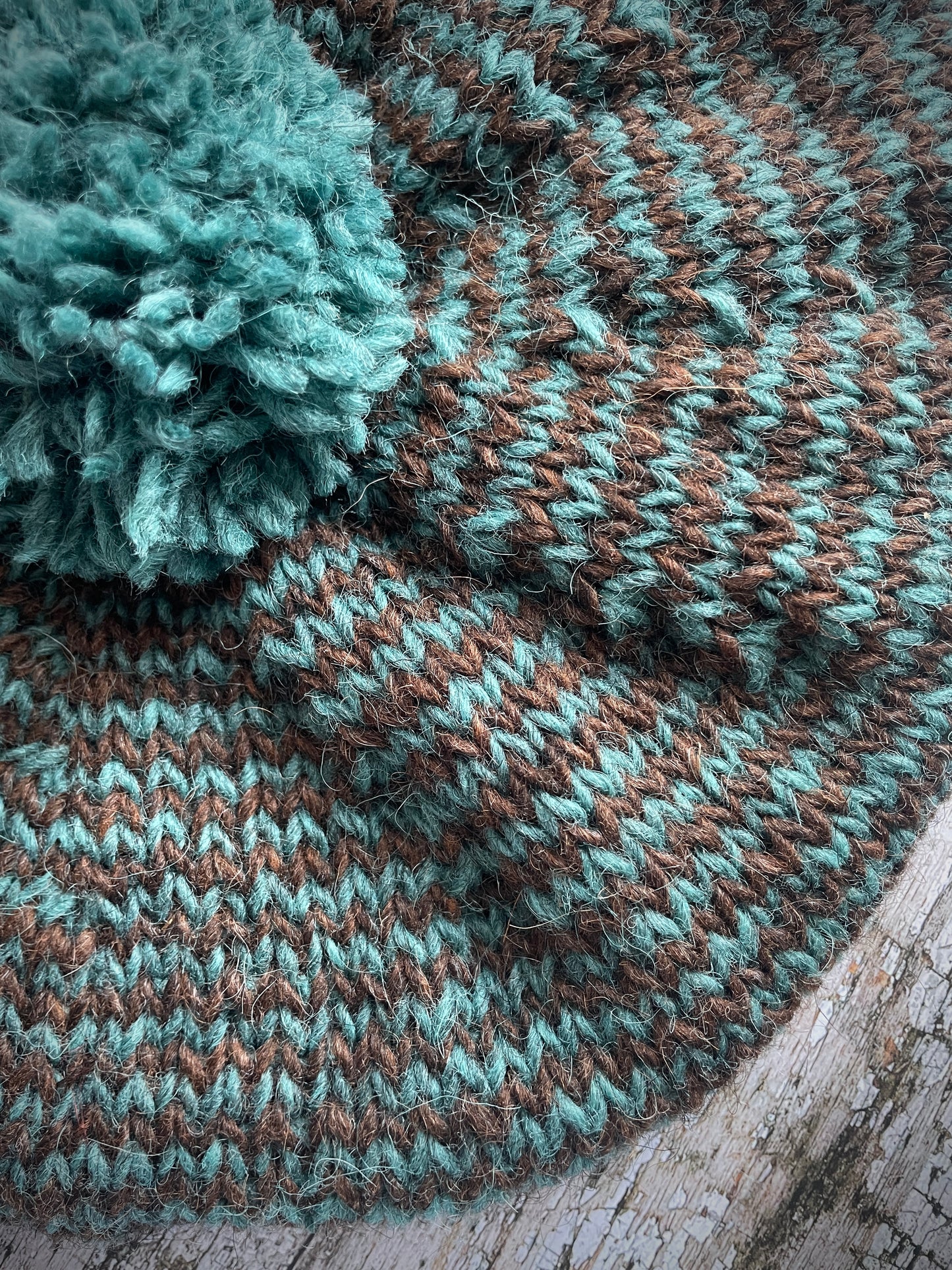 Striped Beret Hand Knitted In Dark Chocolate + Viridian Wool