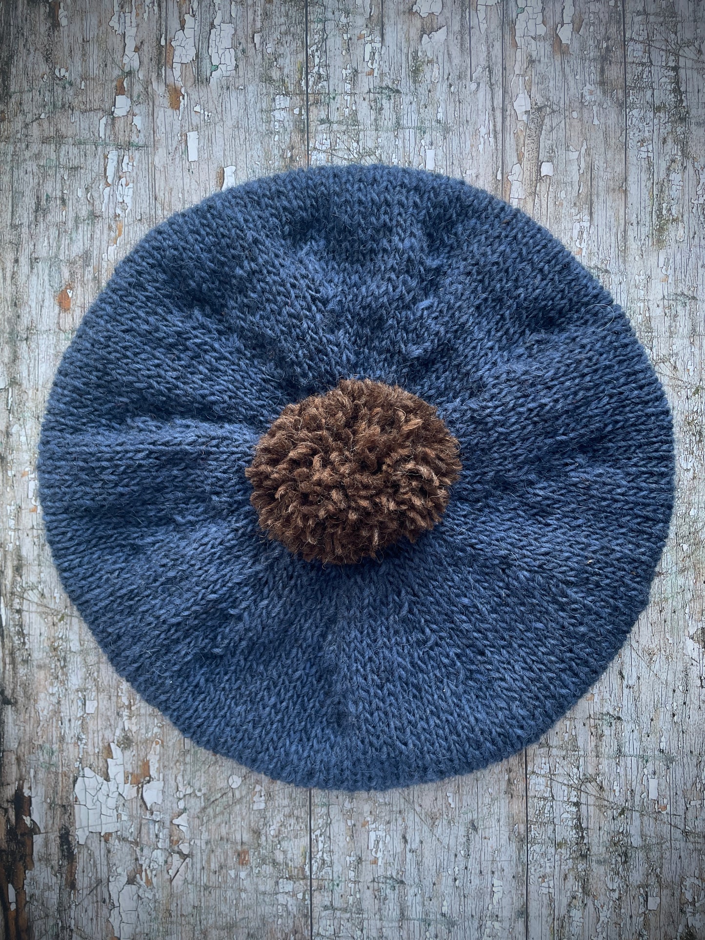 Beret Hand Knitted In Denim Blue + Dark Chocolate Wool