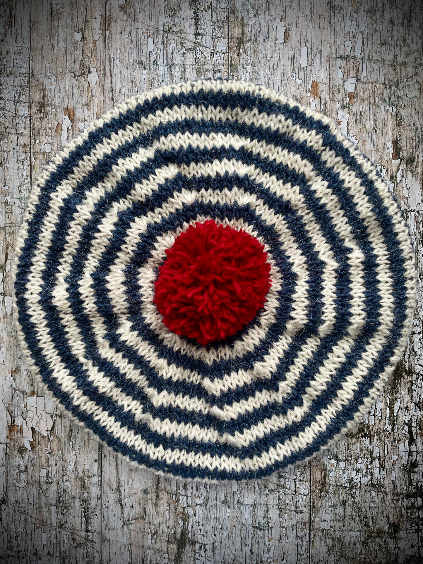 Breton Stripes Hand Knitted Wool Beret Denim Blue + White + Red