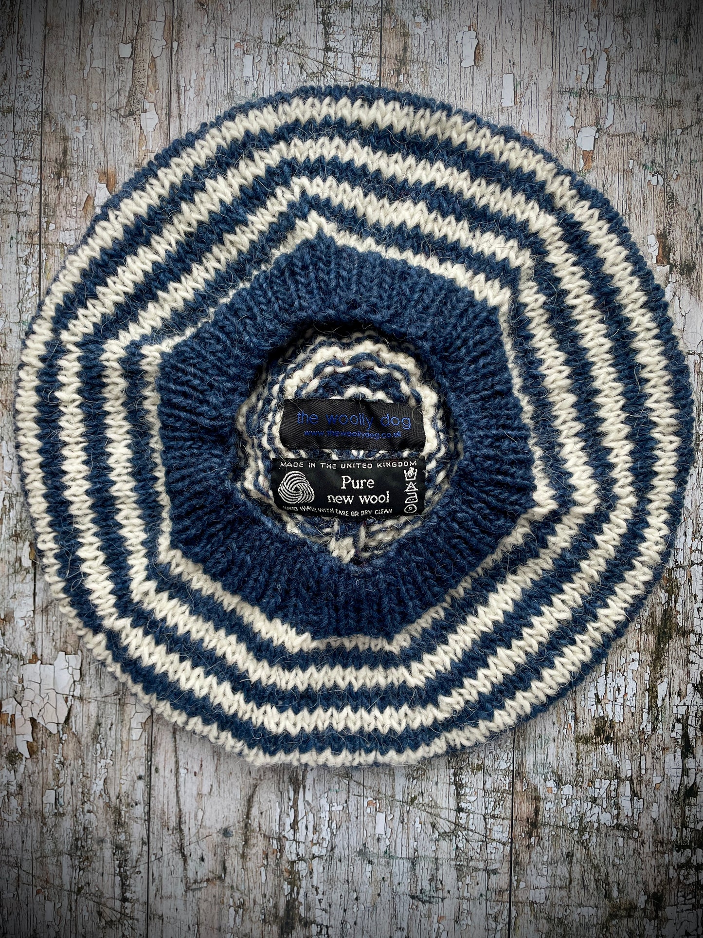 Breton Stripes Hand Knitted Wool Beret Denim Blue + White + Red