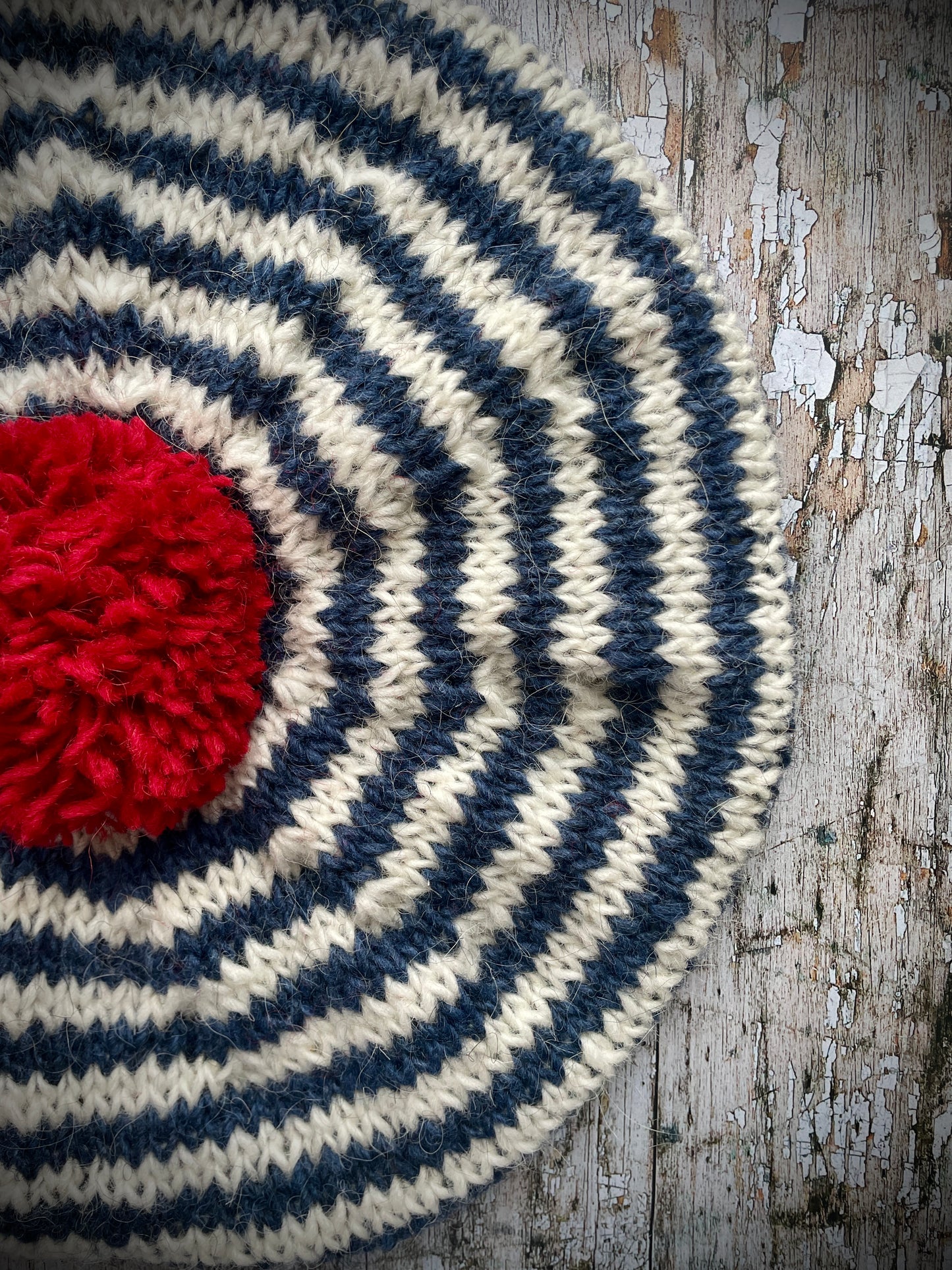 Breton Stripes Hand Knitted Wool Beret Denim Blue + White + Red