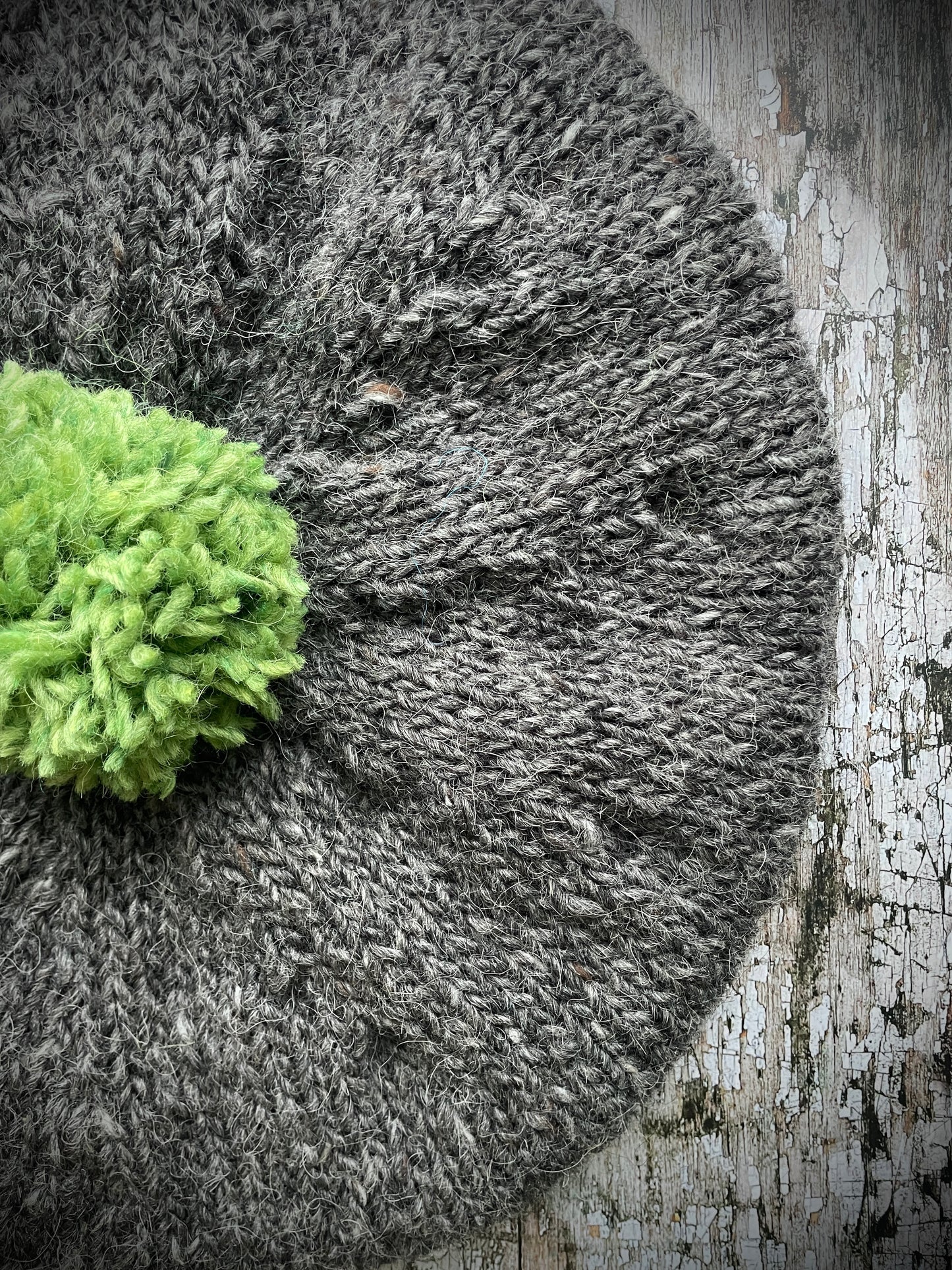 Beret Hand Knitted In Grey Tweed + Green Wool