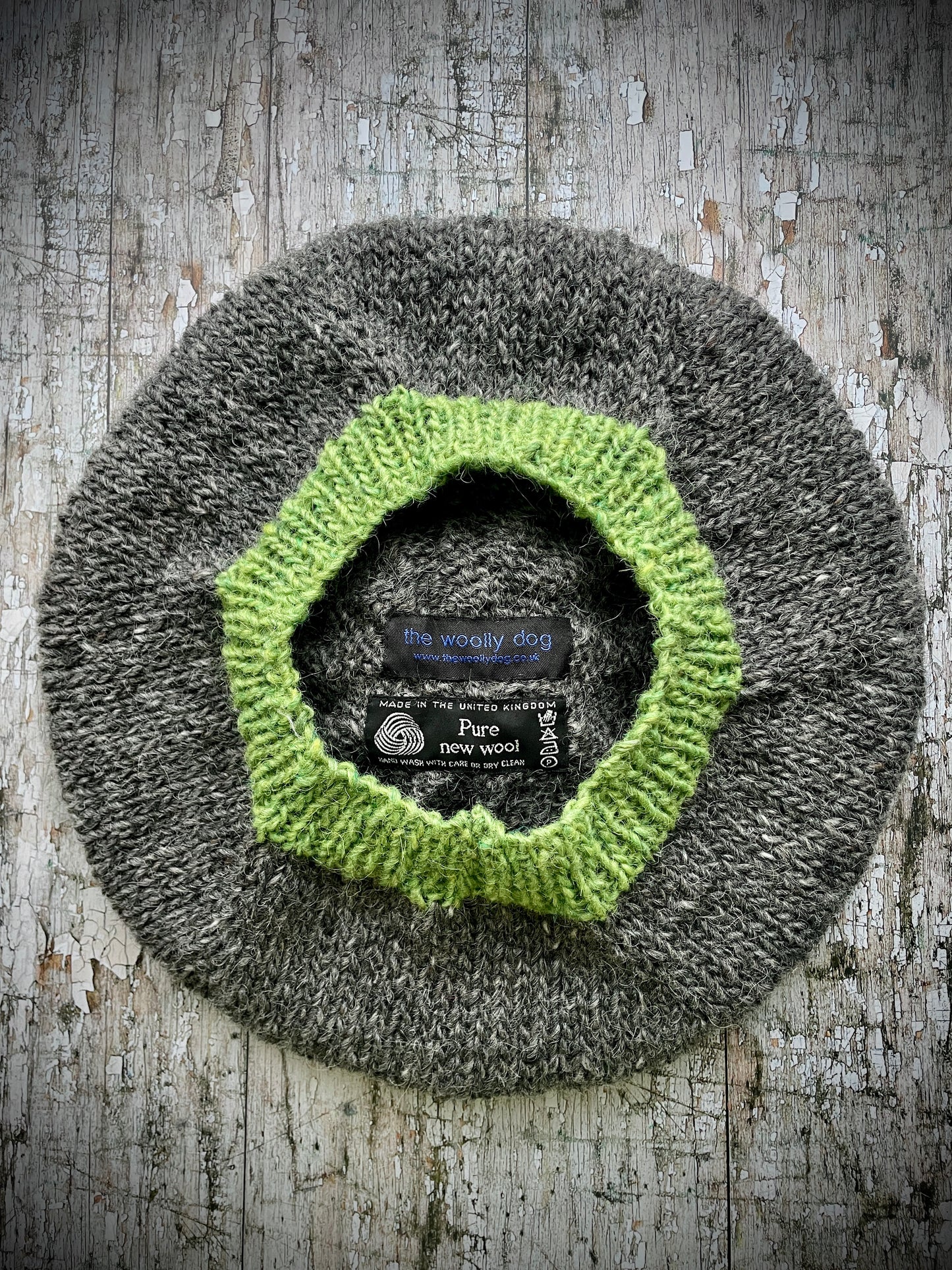 Beret Hand Knitted In Grey Tweed + Green Wool