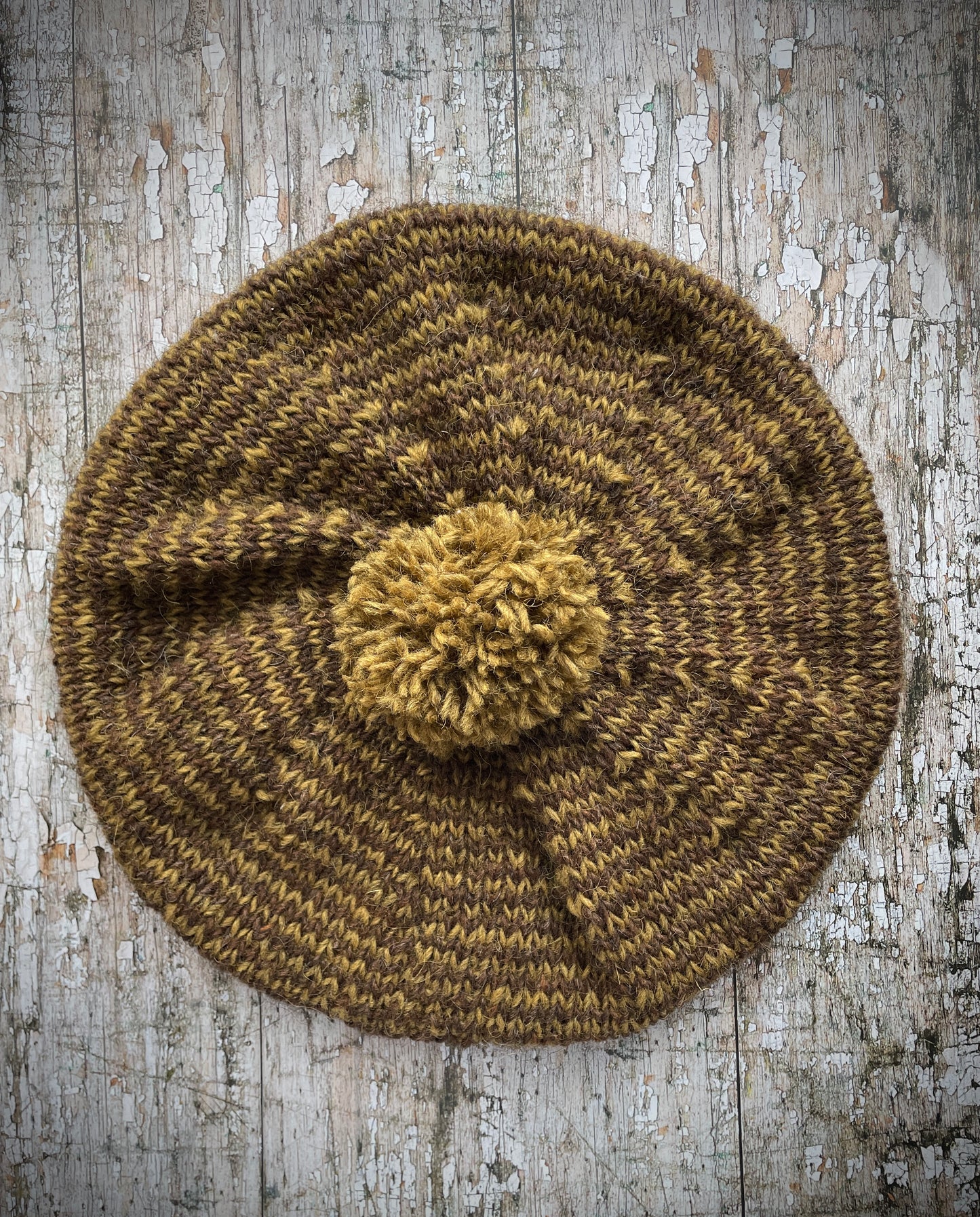 Striped Beret Hand Knitted In Dark Chocolate + Kelp
