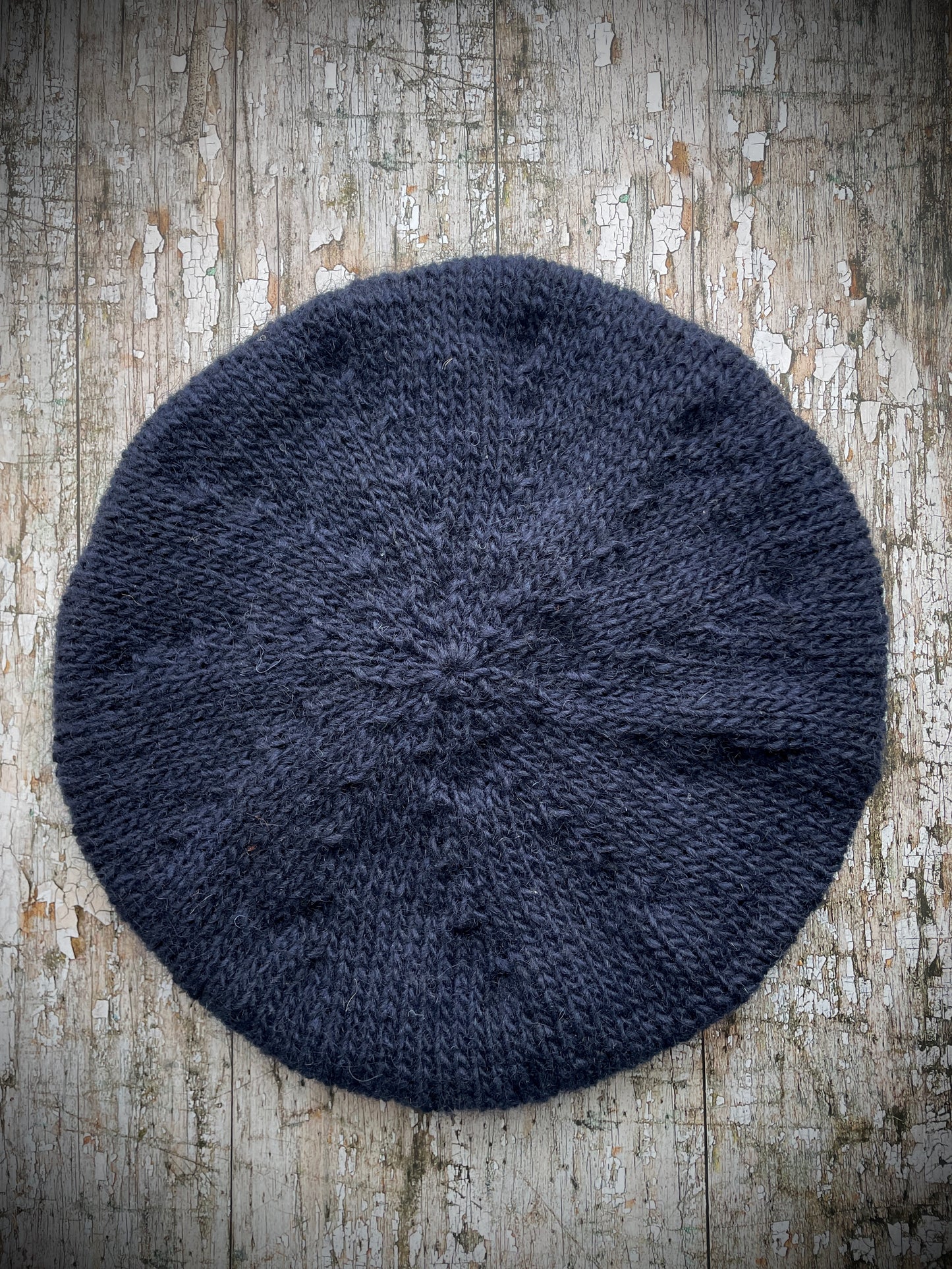 Pattern Beret Hand Knitted In Navy Blue + Burnt Orange Wool