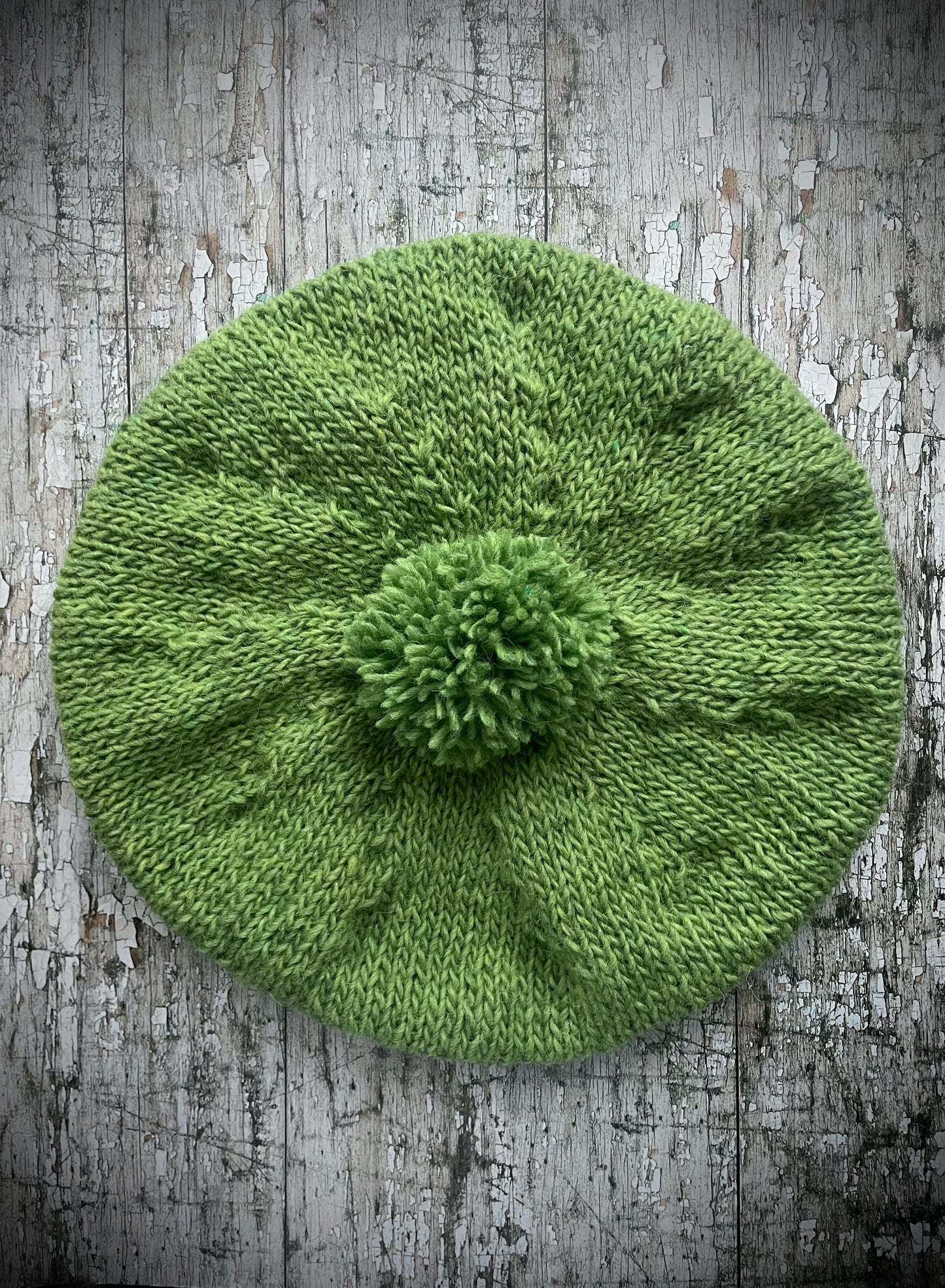 Beret Hand Knitted In Green Tweed Wool