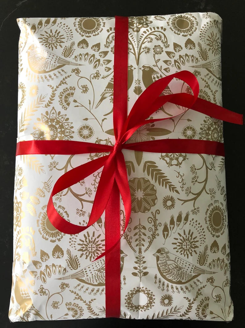 Gift Wrapping Add On
'GOLD BIRDS' by Kirsty Baynham Design, printed on high quality uncoated matte paper in metallic gold.
Your item will be beautifully wrapped in designer paper, tied with ribbon and your message printed with a picture suitable for the occasion.
How Does It Work?... pick which design paper you would like your item wrapped in and add this service to your cart along with the item you are purchasing.
