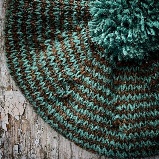 Striped Beret Hand Knitted In Dark Chocolate + Viridian Wool
