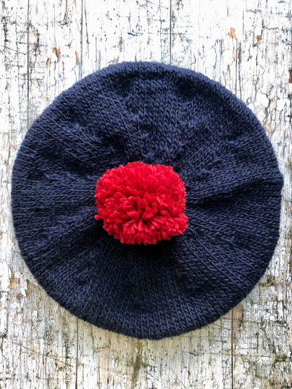 Beret hand Knitted In Navy + Red Wool