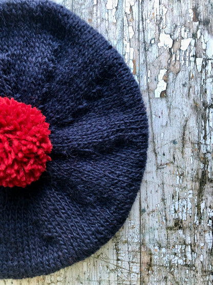Beret hand Knitted In Navy + Red Wool