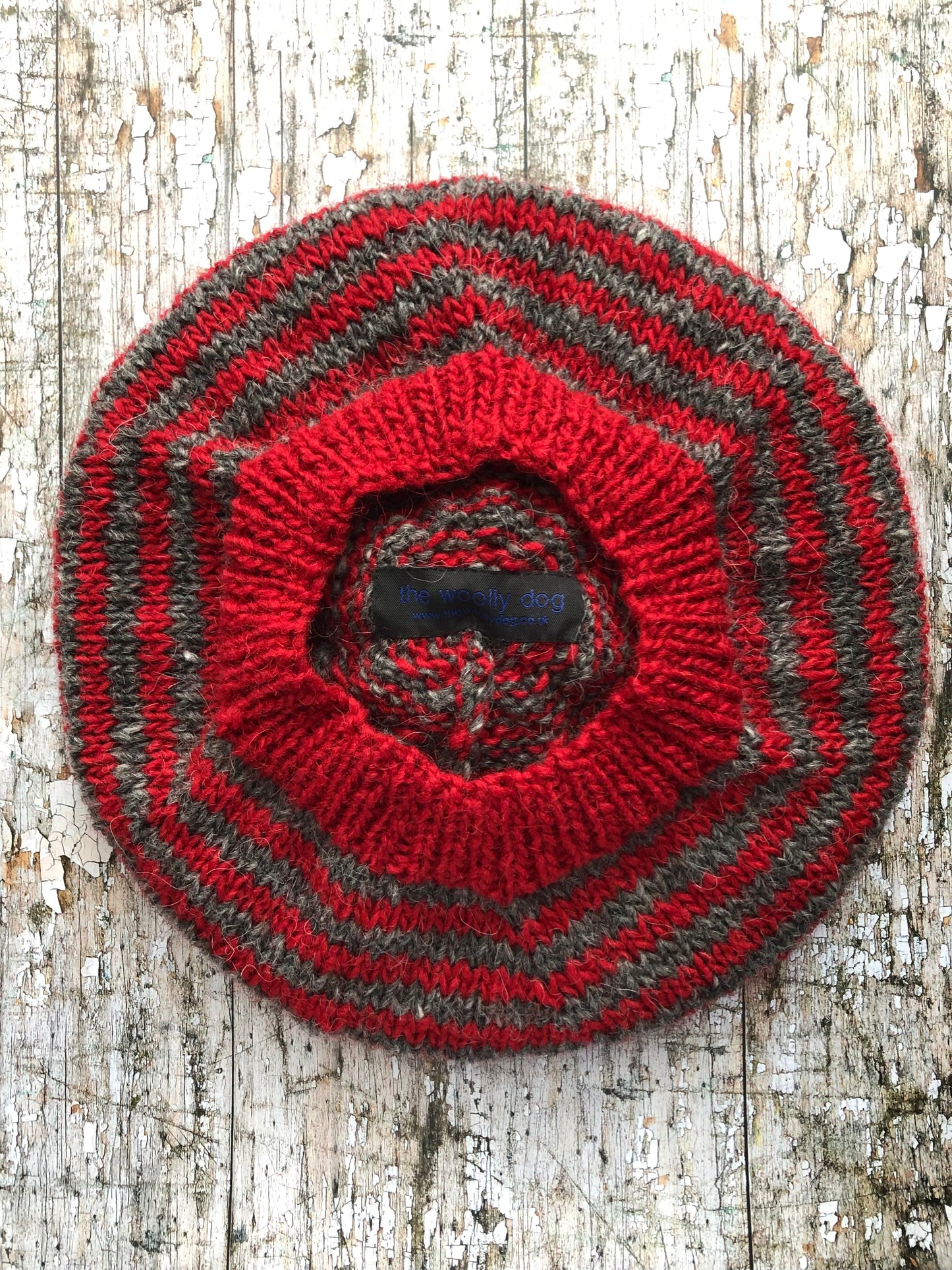 Breton Stripes Hand Knitted Wool Beret Red + Grey