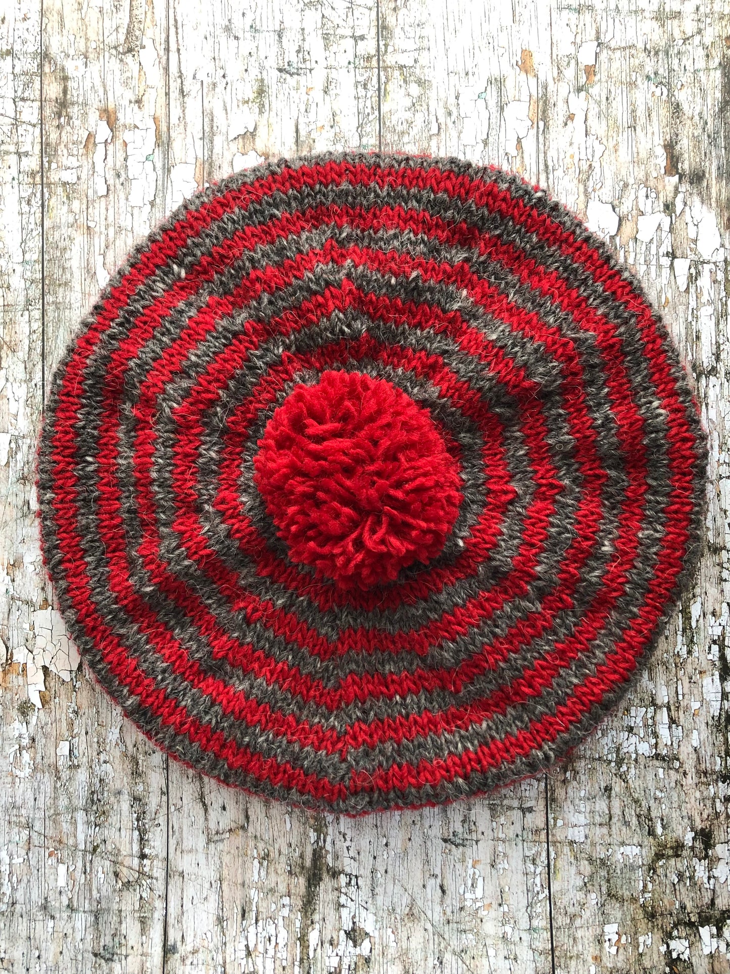 Breton Stripes Hand Knitted Wool Beret Red + Grey