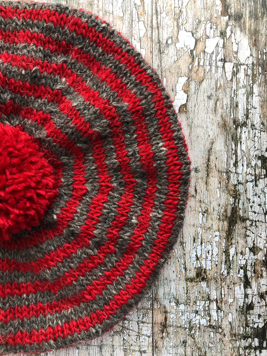 Breton Stripes Hand Knitted Wool Beret Red + Grey