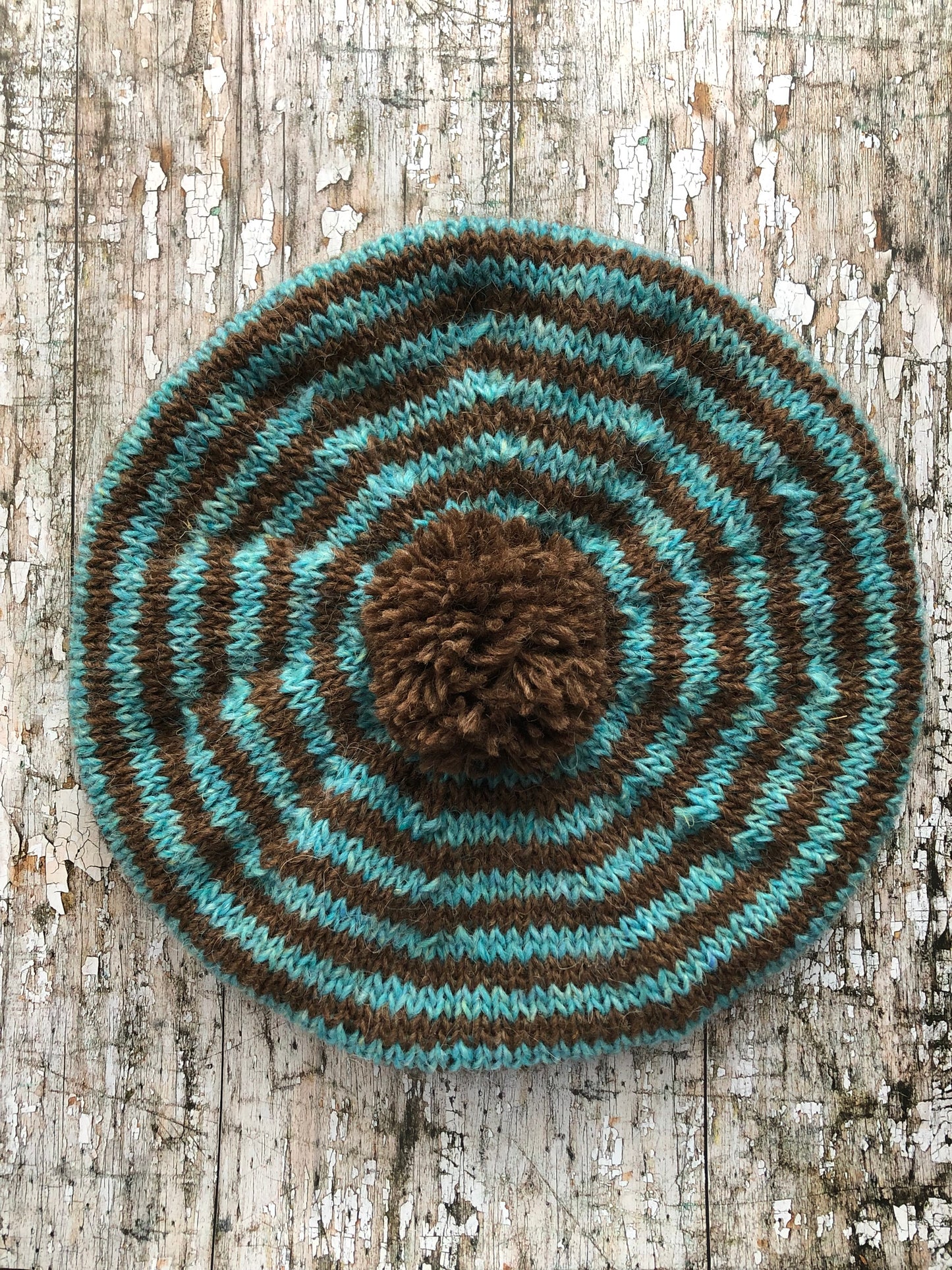 Breton Stripes Hand Knitted Wool Beret Milk Chocolate + Aqua