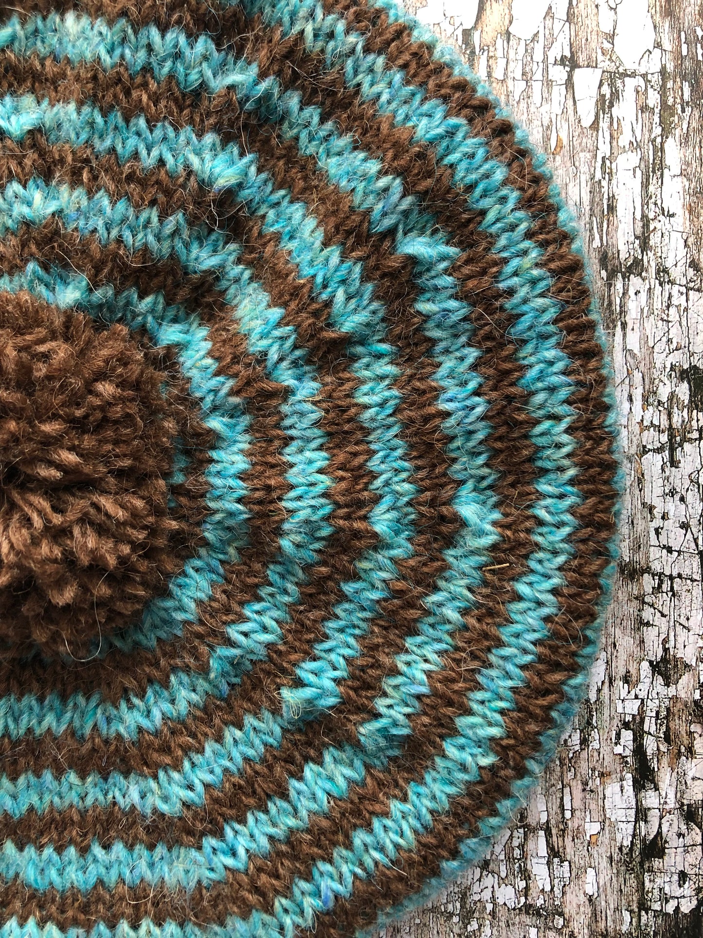Breton Stripes Hand Knitted Wool Beret Milk Chocolate + Aqua