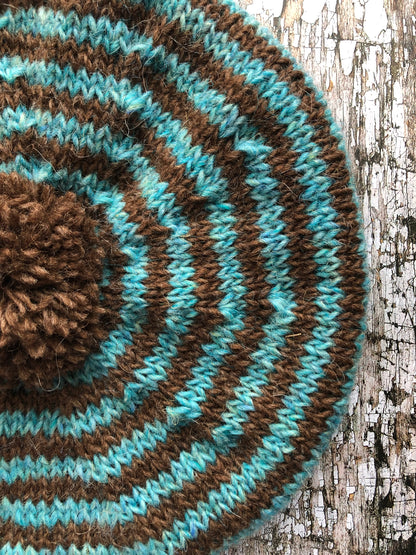 Breton Stripes Hand Knitted Wool Beret Milk Chocolate + Aqua