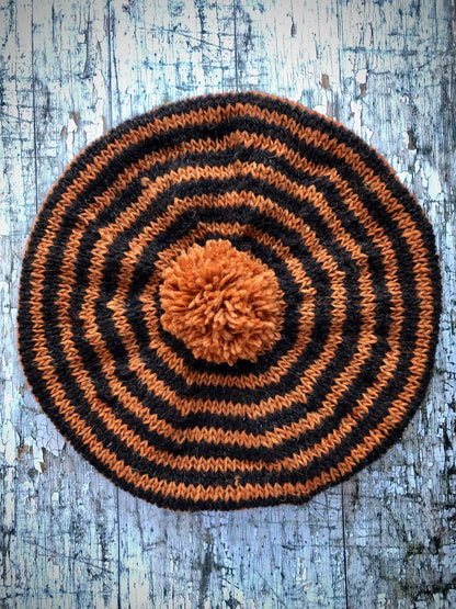 Breton Stripes Hand Knitted Wool Beret Ginger + Dark Chocolate