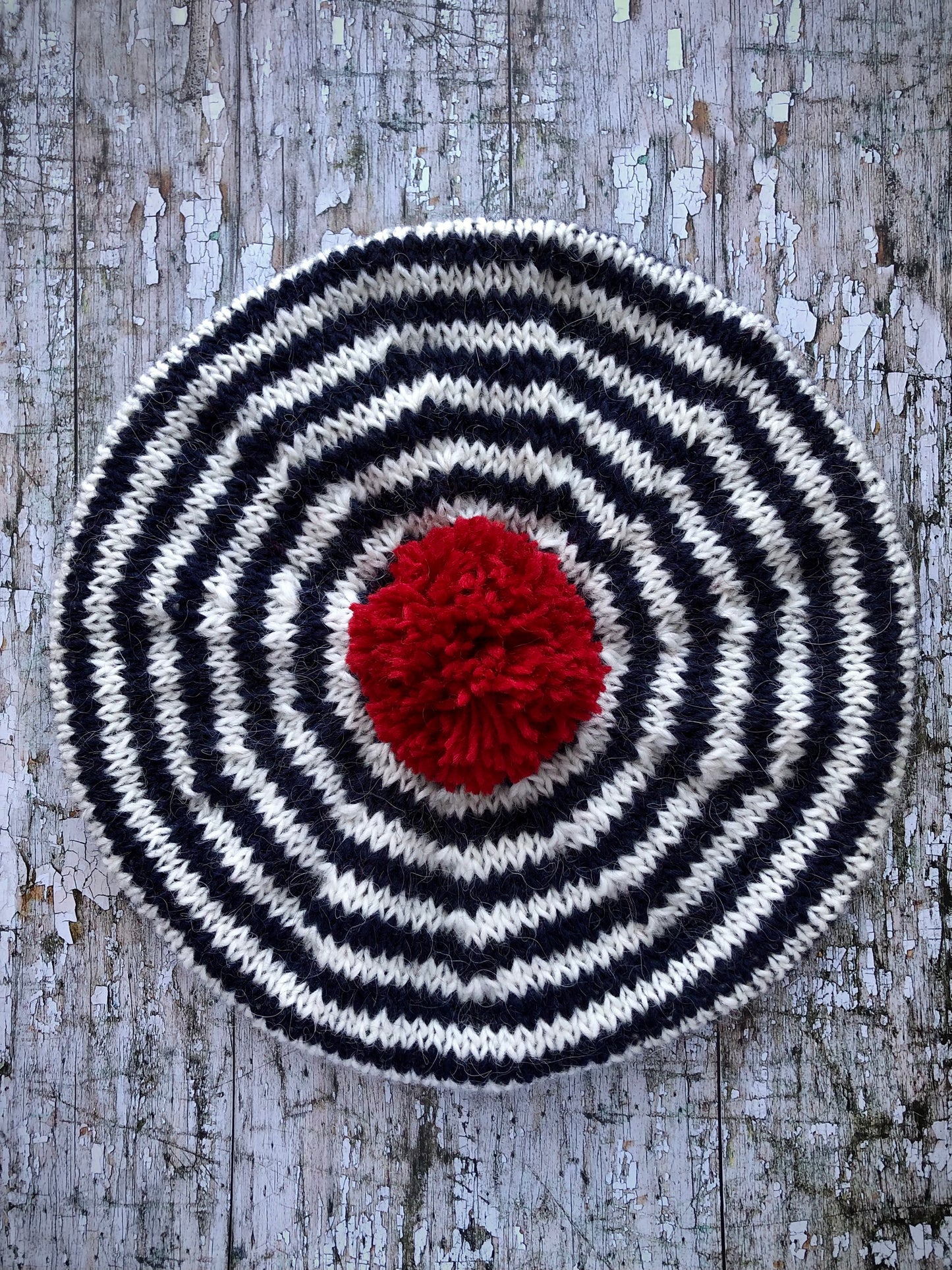 Breton Stripes Hand Knitted Wool Beret Navy Blue + White + Red