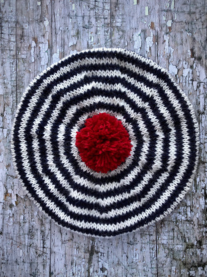 Breton Stripes Hand Knitted Wool Beret Navy Blue + White + Red