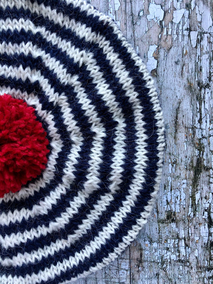 Breton Stripes Hand Knitted Wool Beret Navy Blue + White + Red
