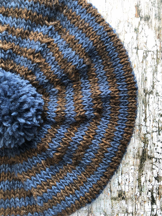 Breton Stripes Hand Knitted Wool Beret Denim Blue + Dark Chocolate