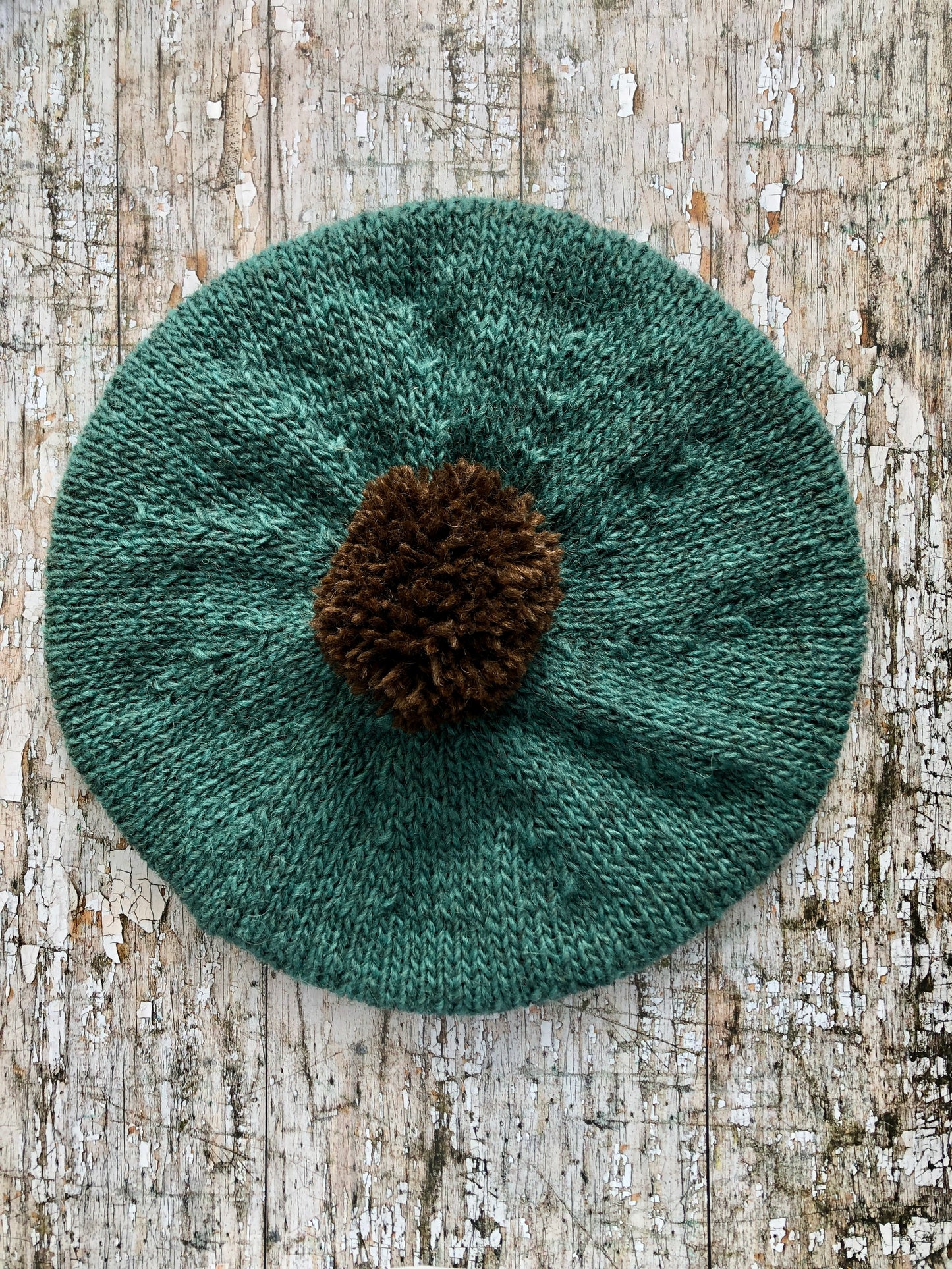 Beret Hand Knitted In Viridian + Dark Chocolate Wool