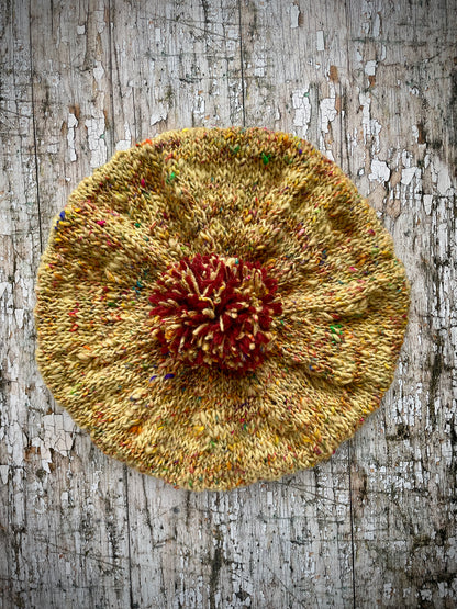 Beret Of Hand Spun Hand Knitted Plant Dyed Flecked Ochre Wool