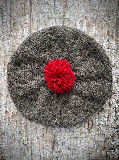 Beret Hand Knitted In Grey Heather + Red Wool