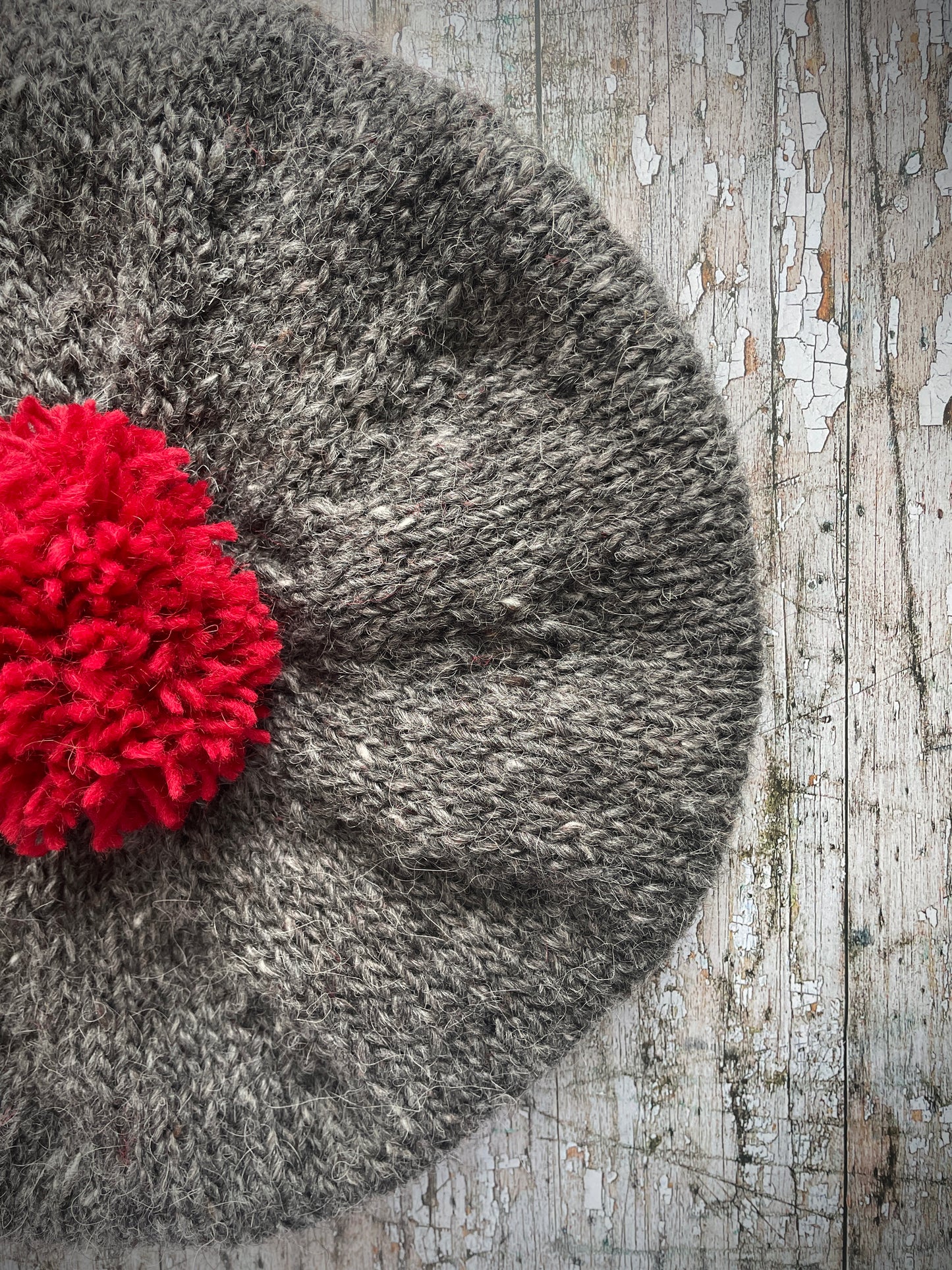 Beret Hand Knitted In Grey Heather + Red Wool