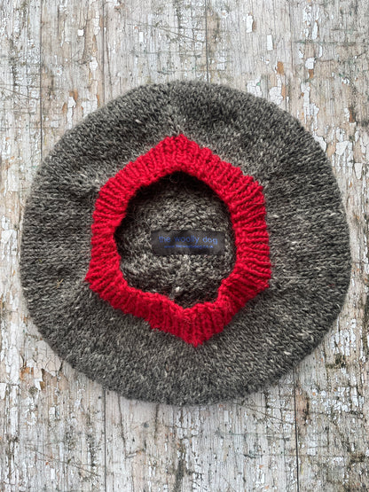 Beret Hand Knitted In Grey Heather + Red Wool