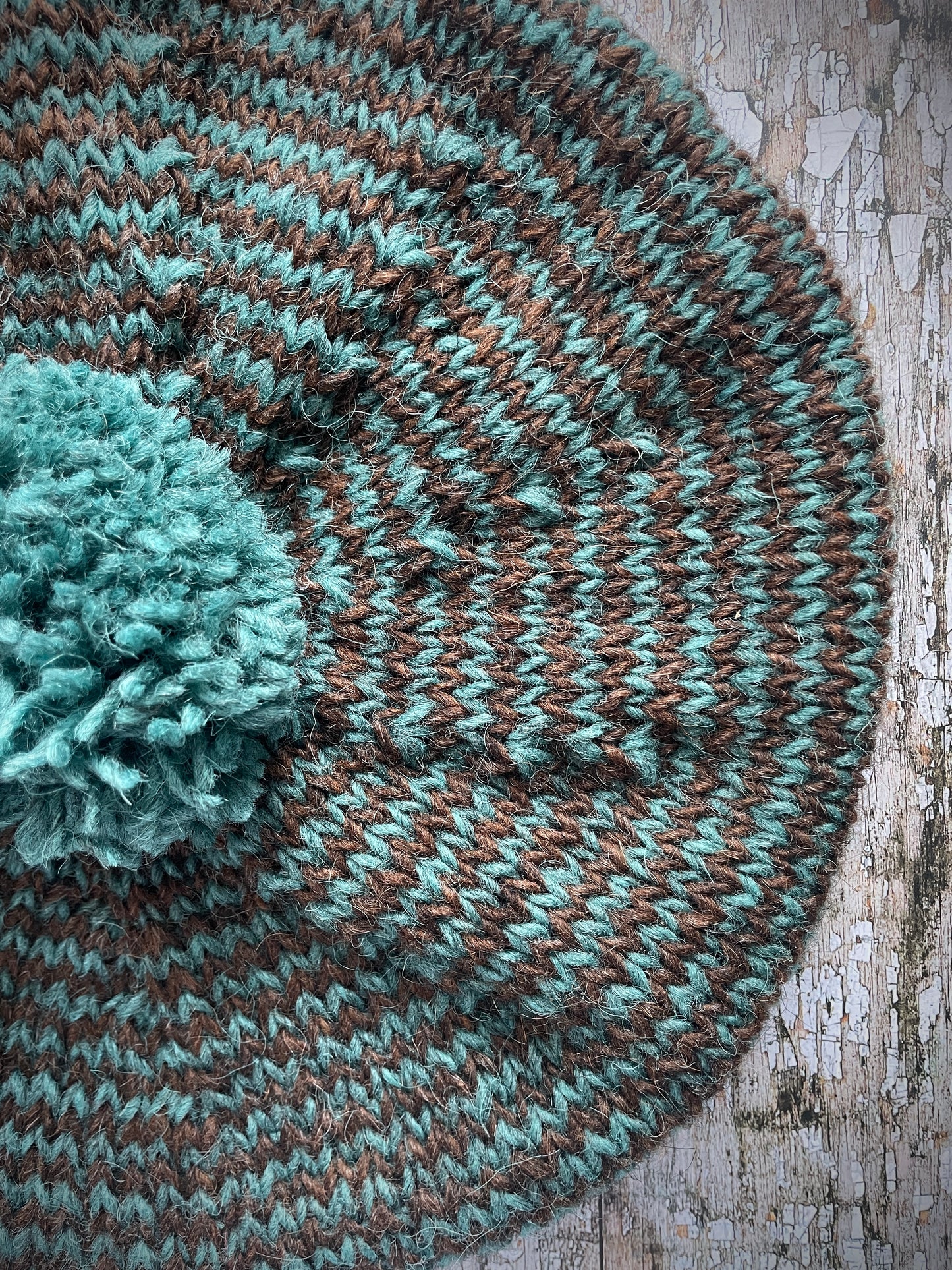 Striped Beret Hand Knitted In Dark Chocolate + Viridian Wool