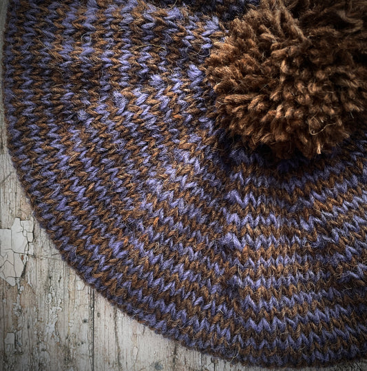 Striped Beret Hand Knitted In Dark Chocolate + Lavender Wool