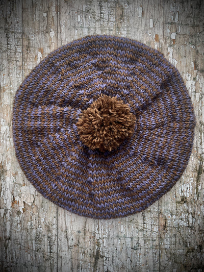 Striped Beret Hand Knitted In Dark Chocolate + Lavender Wool