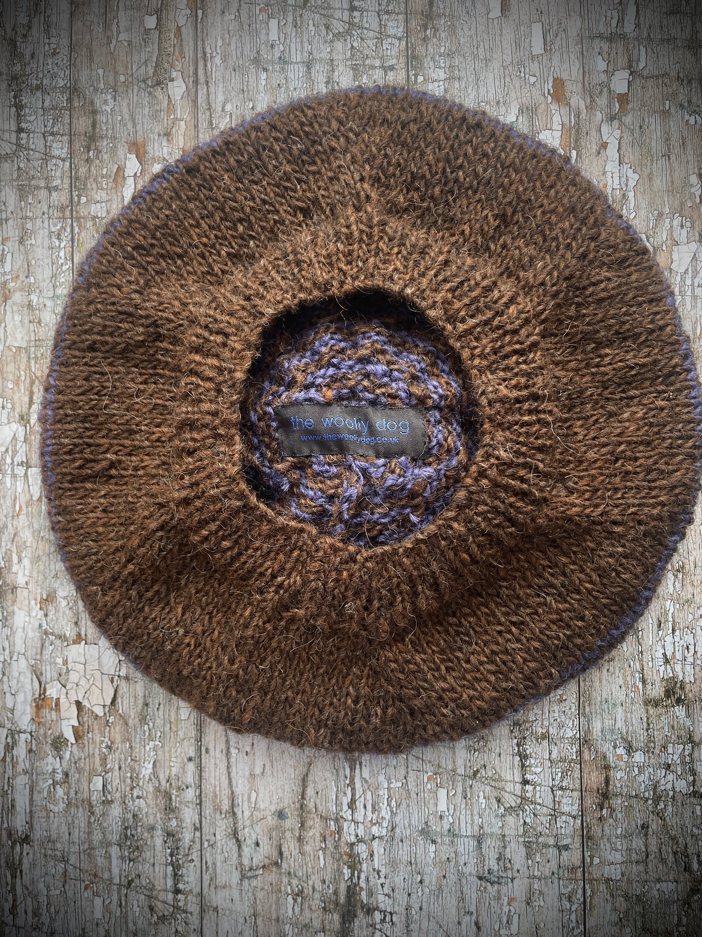 Striped Beret Hand Knitted In Dark Chocolate + Lavender Wool