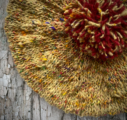 Beret Of Hand Spun Hand Knitted Plant Dyed Flecked Ochre Wool