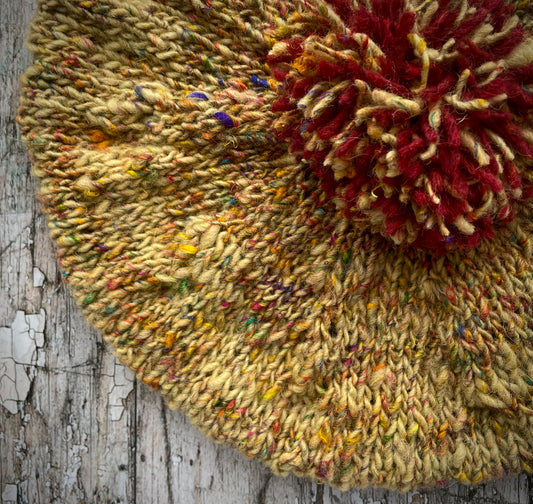 Beret Of Hand Spun Hand Knitted Plant Dyed Flecked Ochre Wool