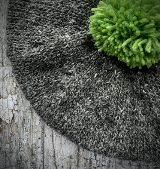 Beret Hand Knitted In Grey Tweed + Green Wool