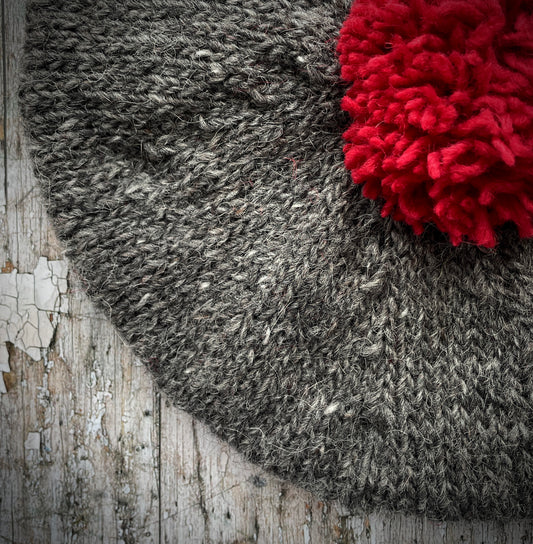 Beret Hand Knitted In Grey Heather + Red Wool