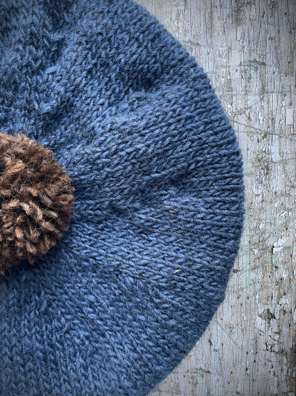 Beret Hand Knitted In Denim Blue + Dark Chocolate Wool