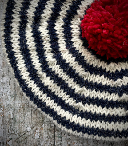 Breton Stripes Hand Knitted Wool Beret Navy Blue + White + Red