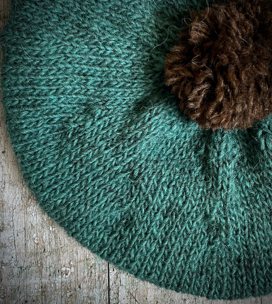 Beret Hand Knitted In Viridian + Dark Chocolate Wool